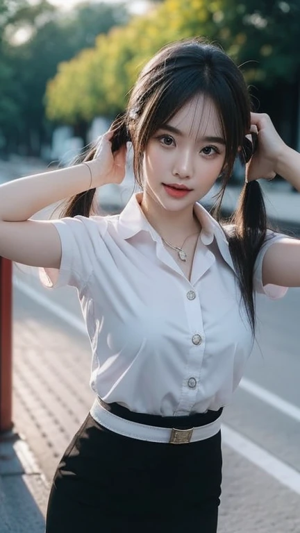 Pretty thai woman walking , (8k, best quality, masterpiece, ultra highres:1.2) Photo of Pretty thai woman beautiful, beautiful enchanting fashion contemporary painting with , (1girl), (white shirt short sleeves), ((black pencil skirt)), belt , , blonde hair, , realistic skin texture , round chin, 85 mm art lens, f 1. 2, sharp focus, 8 k high definition, insanely detailed, intricate, elegant, large breasts, big breasts , black skirt , twin tails hair
