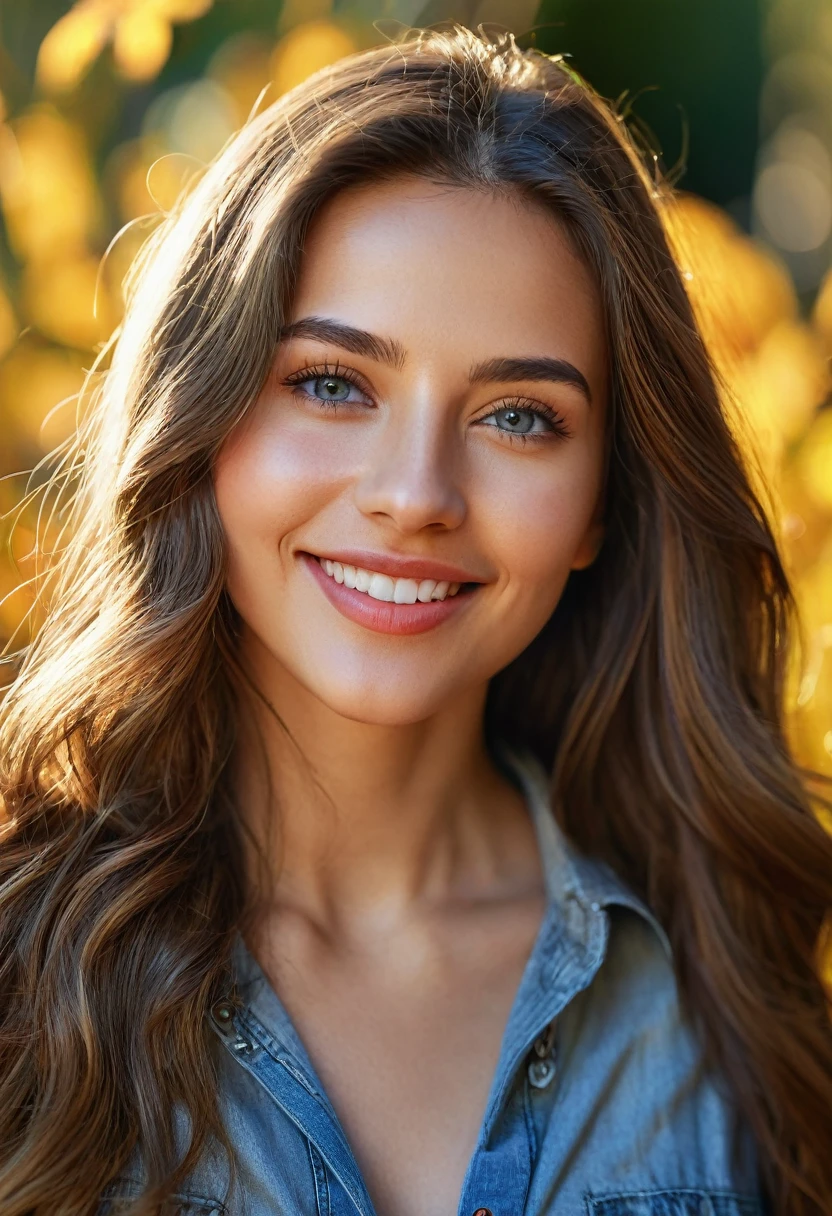 A woman wearing casual clothes, beautiful detailed eyes, beautiful detailed lips, extremely detailed face and skin, long hair, smiling, outdoor natural background, warm lighting, cinematic composition, photorealistic, 8K, high quality, vivid colors, intricate details