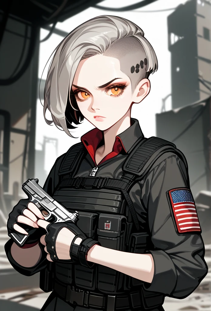 masterpiece, best quality, mature woman, (buzzcut hairstyle), gray hair, (villainous eyes), amber eyes, glossy lips, (mature face), serious expression, operative clothing, bulletproof vest, tactical vest, fingerless gloves, holding pistol, abandoned building