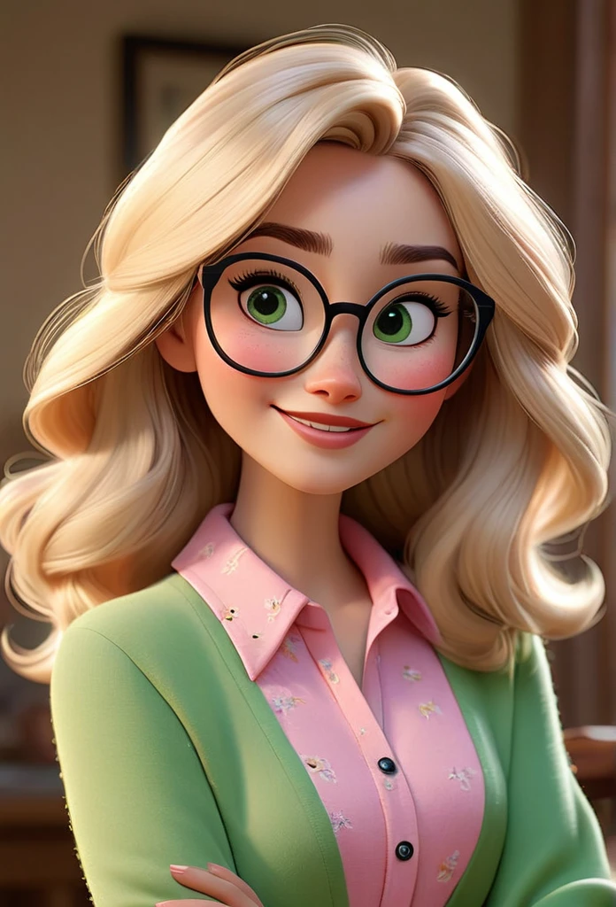 Create a Disney Pixar-style character of a stunning woman. blond, fine and long hair, white skin tone, eyes black, Square-shaped prescription glasses, thin lips, smiling, Wearing a pink blouse and green pants.