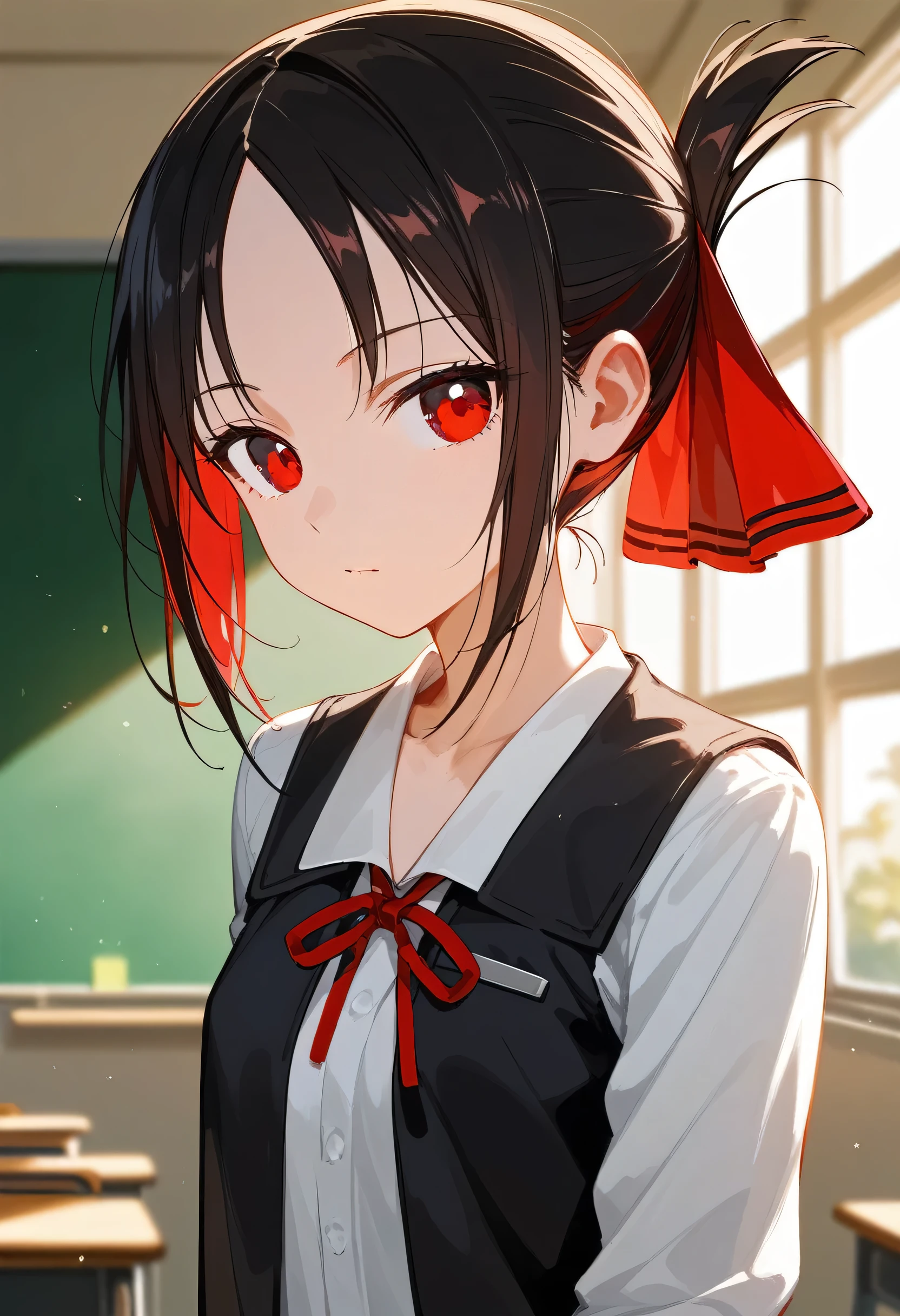 One Girl、Kaguya-shinomiya, kaguya shinomiya, Folded ponytail, amount, hair ribbon, (Red eyes:1.5), red ribbon, ribbon, short hair, Side Lock, (Small breasts:1.2), break looking at viewer, break indoors, classroom, break (masterpiece:1.2), highest qualthaty, High resolution, unthaty 8k wallpaper, (shape:0.8), (Fine and beautiful eyes:1.6), Highly detailed face, Perfect lighting, Highly detailed CG, (Perfect hands, Perfect Anatomy)、Collapse into bed、that&#39;Fallen、A system that allows you to see the face between your legs、Please open your mouth wide、that&#39;Come、Wistful face、Haa、Embarrassed expression(1:2)、Heavy breathing、Sexy Underwear、See-through underwear、(((Legs wide open)))、sthat、Lie down in bed、Red bed