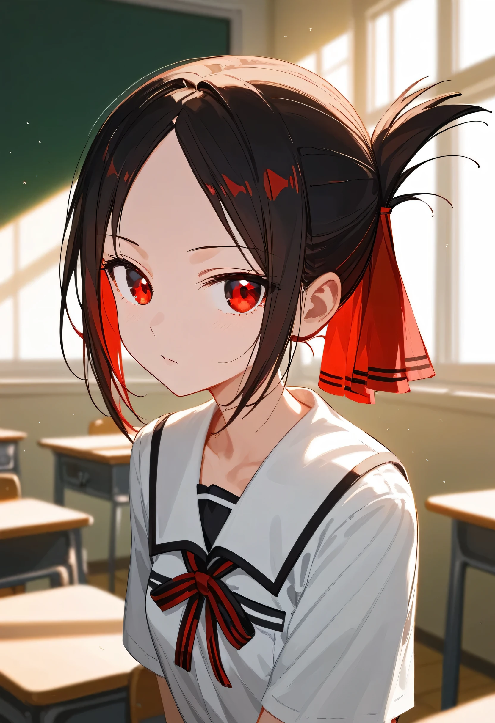 One Girl、Kaguya-shinomiya, kaguya shinomiya, Folded ponytail, amount, hair ribbon, (Red eyes:1.5), red ribbon, ribbon, short hair, Side Lock, (Small breasts:1.2), break looking at viewer, break indoors, classroom, break (masterpiece:1.2), highest qualthaty, High resolution, unthaty 8k wallpaper, (shape:0.8), (Fine and beautiful eyes:1.6), Highly detailed face, Perfect lighting, Highly detailed CG, (Perfect hands, Perfect Anatomy)、Collapse into bed、that&#39;Fallen、A system that allows you to see the face between your legs、Please open your mouth wide、that&#39;Come、Wistful face、Haa、Embarrassed expression(1:2)、Heavy breathing、Sexy Underwear、See-through underwear、(((Legs wide open)))、sthat、Lie down in bed、Red bed