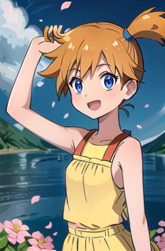 Misty (masterpiece),  BREAK 1girl,  breezy summer yellow minidress (bare shoulders and bare arms),  wavy hair,  floating hair,  smile,  standing, wind ruffling her short hem of her yellow dress (short hem; very short skirt),  open mouth,  light particles,  orange hair with one ponytail,  deep blue eyes,  looking at viewer,  face focus, BREAK, scenery,  mountainous horizon,  cherry blossoms,  petals,  light particles,  BREAK upper body,  