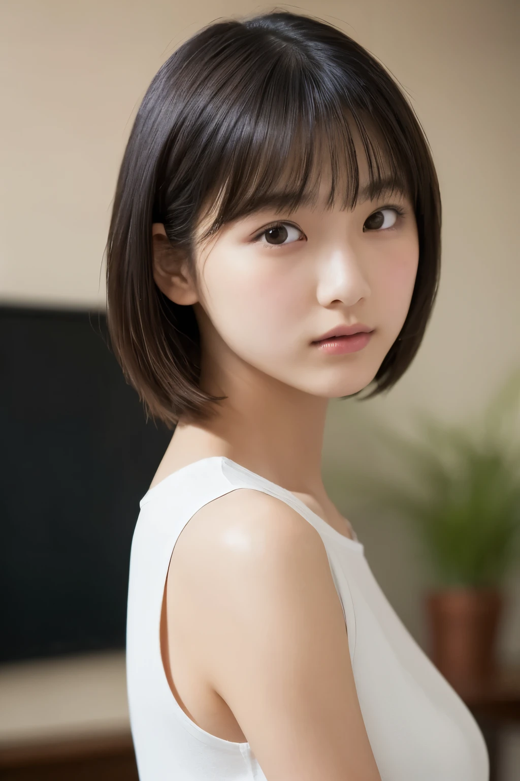 One Girl, (Wearing a white sleeveless shirt:1.2), (:1.5), Young Face, Cute Face,
(RAW Photos, Highest quality), (Realistic, Photorealistic:1.4), Tabletop, Sharp focus,
Very delicate and beautiful, Very detailed, 2k wallpaper, wonderful, In detail,
Very detailed CG Unity 8K 壁紙, Very detailed, High resolution, Soft Light,
Beautiful detailed girl, Very detailed目と顔, Beautifully detailed nose, Beautiful attention to detail,
break
In the bright living room, Cinema Lighting,
Perfect Anatomy, Slender body, Slightly longer bob hair, Parted bangs, View your viewers