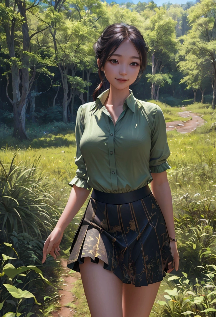 A young girl running through a vast and beautiful landscape, short skirt, surrounded by lush nature, a radiant smile, (highest quality, 4k, 8k, high resolution, masterpiece: 1.2), highly detailed, (realistic: 1.37), official art, amazing, serene, inspiring, dramatic lighting, forest, horizon, natural beauty,