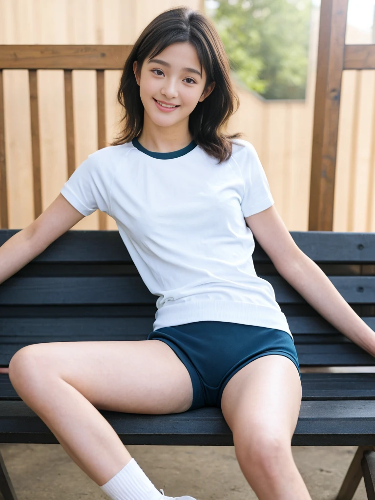 (masterpiece:1.3), (8k、Realistic, RAW Photos, Highest quality:1.2), (alone), (1 girl), (cute:1.3), (Very beautiful 14 year old Japanese girl), nice smile, Red cheeks, (Skin with attention to detail: 1.2), Photorealistic Anime Girl Rendering, Realistic anime 3D style, Beautiful brown bob hair, Intense black eyes, Strong eye highlights, (Accurate and natural normal size breasts), Perfect Anatomy, My hair is messy, (Dark blue high-leg bloomer), (Old fashioned sportswear), (White tight short sleeve shirt, Dark blue short tight shorts), Accurate Arm, Five Fingers, Accurate legs, On the bench, get up, Showing off your bloomers, Small area sportswear, Volumetric lighting, Soft Light, bright, neon, bright色
