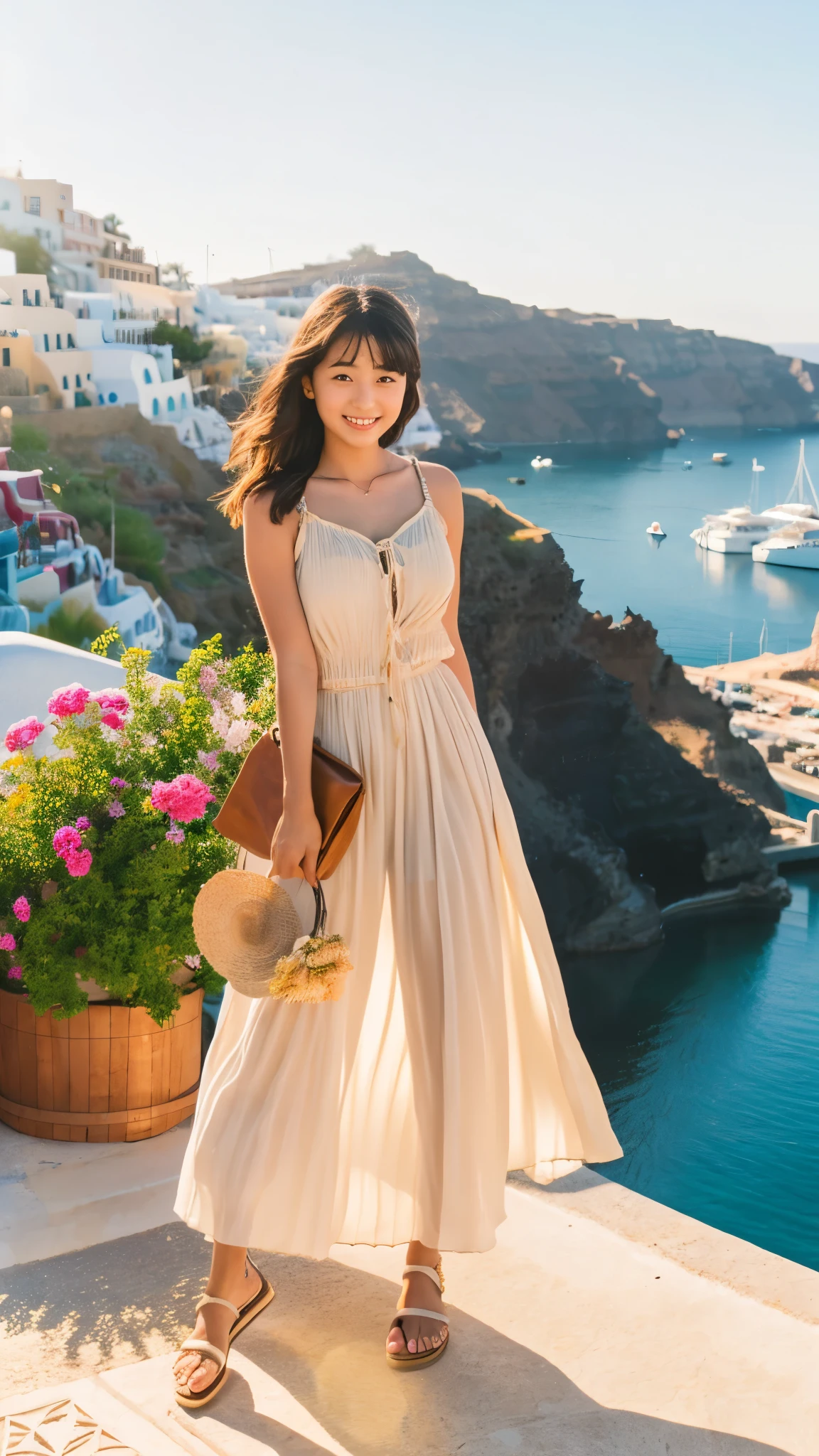 Masterpiece, 8K, hyper realistic, 1Girl, 24 years old, japanese, summer outfit, Background Santorini, Joyful, intricate details, golden hour