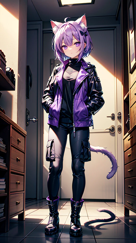 Young girl, cat ears, dark purple hair, purple eyes, "broken glass" eyes, leather jackets, cargo pants, heavy boots, hands in pockets, short hair, long purple cat tail, single girl with cat tail and ears, broken house