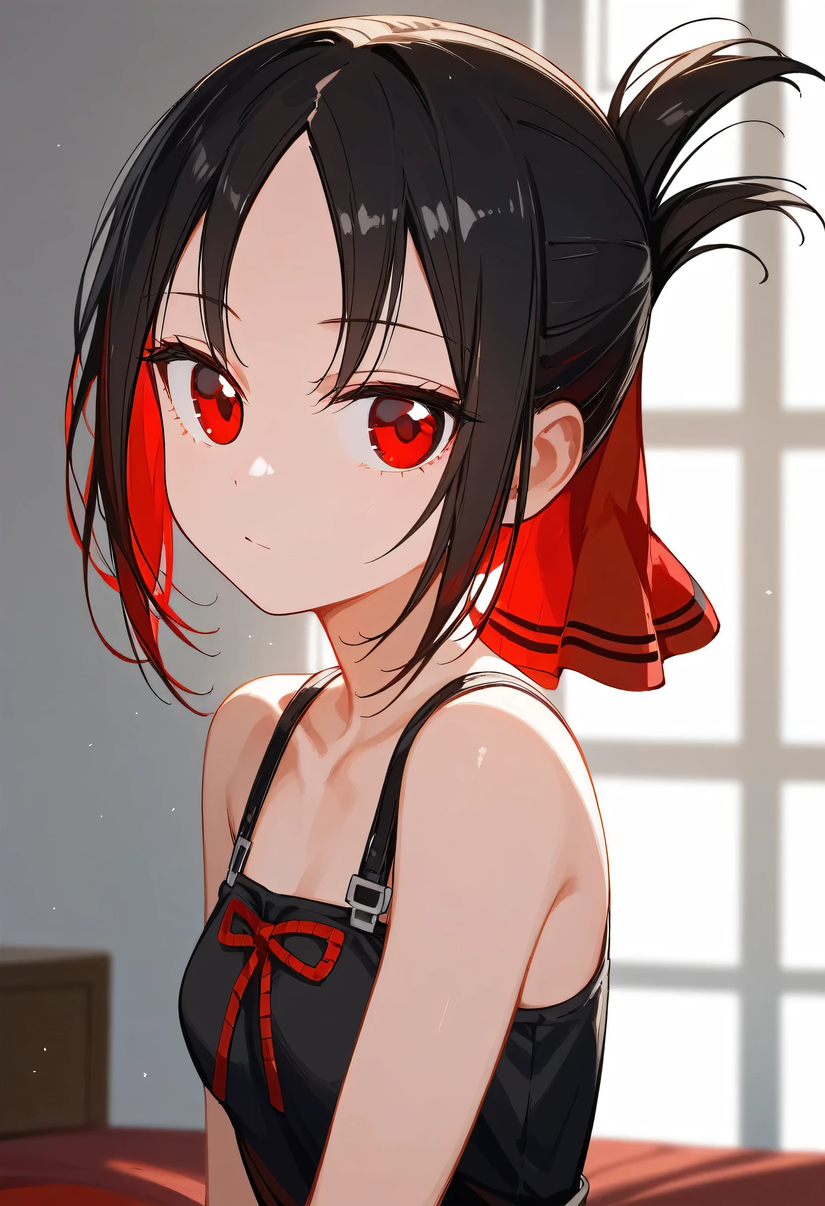 One Girl、Kaguya-shinomiya, kaguya shinomiya, Folded ponytail, amount, hair ribbon, (Red eyes:1.5), red ribbon, ribbon, short hair, Side Lock, (Small breasts:1.2), break looking at viewer, break indoors, break (masterpiece:1.2), highest qualthaty, High resolution, unthaty 8k wallpaper, (shape:0.8), (Fine and beautiful eyes:1.6), Highly detailed face, Perfect lighting, Highly detailed CG, (Perfect hands, Perfect Anatomy)、Collapse into bed、that&#39;Fallen、A system that allows you to see the face between your legs、Please open your mouth wide、that&#39;Come、Wistful face、Haa、Embarrassed expression(1:2)、Heavy breathing、Sexy Underwear、See-through underwear、(((Legs wide open)))、sthat、Lie down in bed、White background、White background