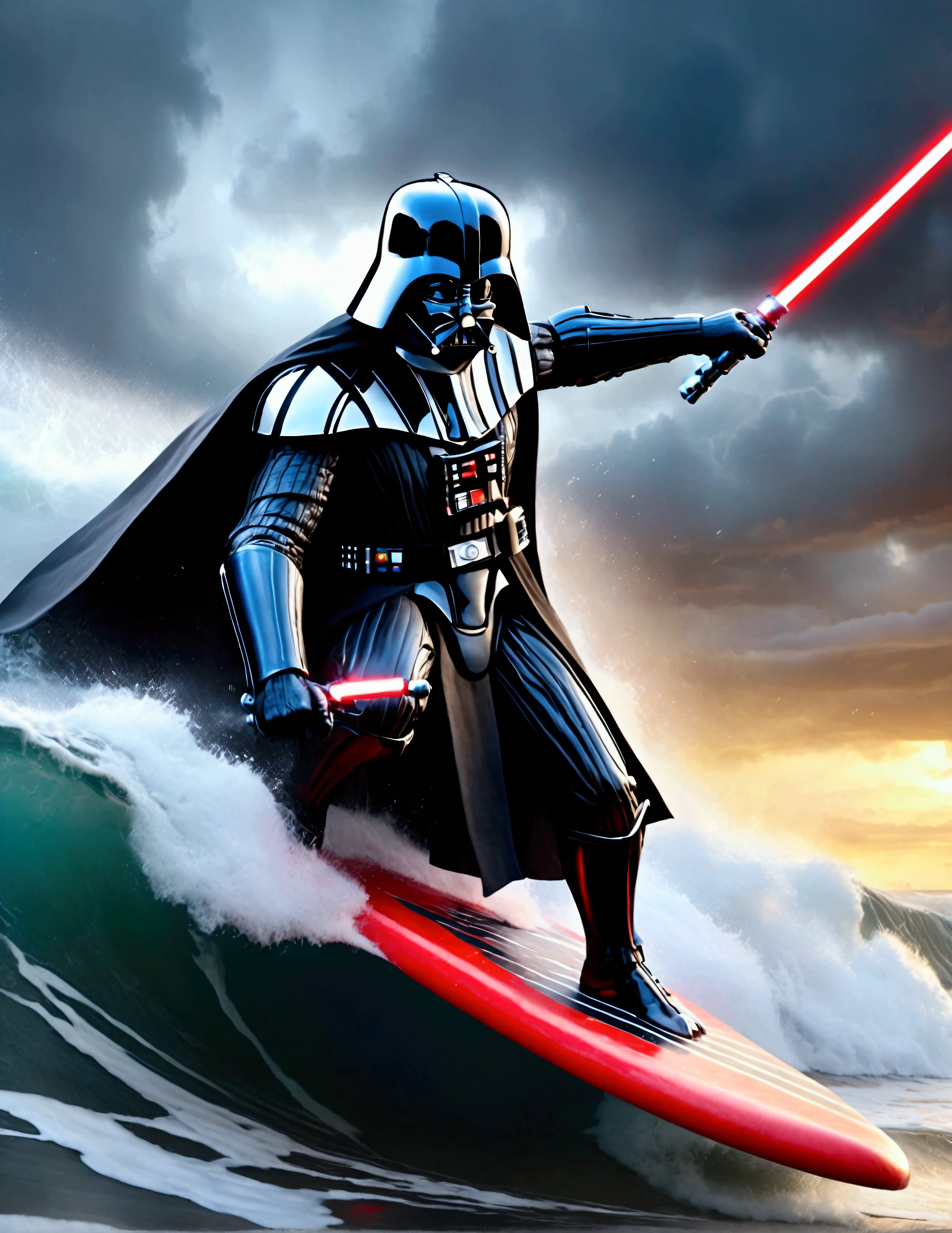 (Star Wars) Darth Vader is riding a mechanized combat surfboard, choppy waves, battle stance with 1 lightsaber lit, stormy skies