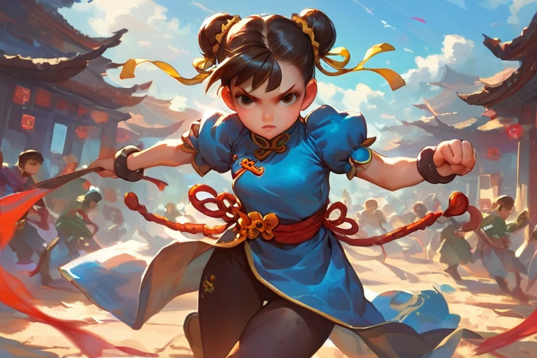 score_9, score_8_superior, score_7_superior, Chunli, street_Warrior, One girl, Chinese Costume, brown leggings, Puff sleeves, brown_hair, brown_eye, View your viewers, Combat Stance, Cowboy Shot