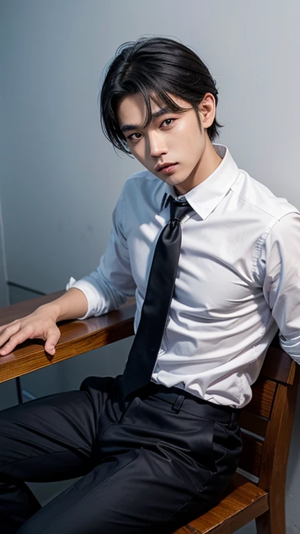 Image of seventeen year old asian boy, Very pale skin, cabello azabache y algo largo, desordenado, alto, delgado, uniforme escolar, camisa blanca, corbata burdeo, black pants, zapatillas vans grises. small dark eyes, small nose, labios delgados y rosas. Bored and distrustful expression. Min Yoongi.