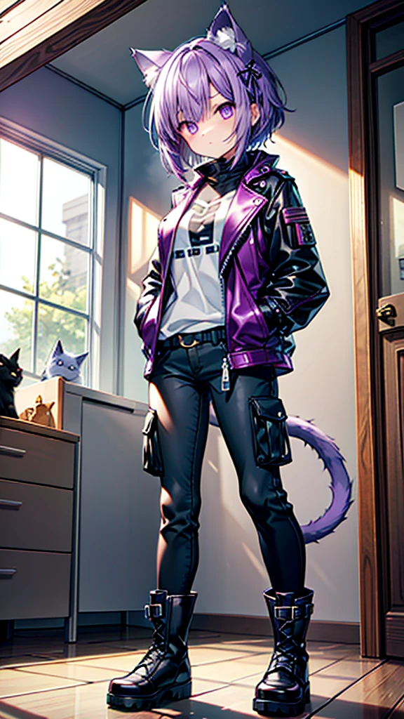 Young girl, cat ears, dark purple hair, purple eyes, "broken glass" eyes, leather jackets, cargo pants, heavy boots, hands in pockets, short hair, long purple cat tail, single girl with cat tail and ears, broken house