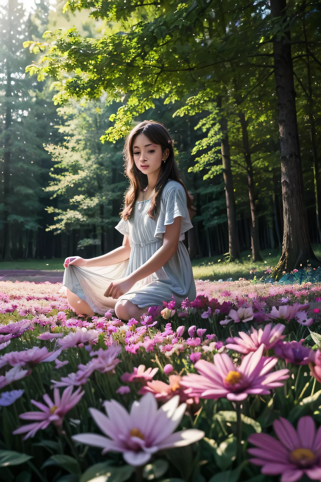 picking flowers, at the forest, ,swirly vibrant colors,soft lighting