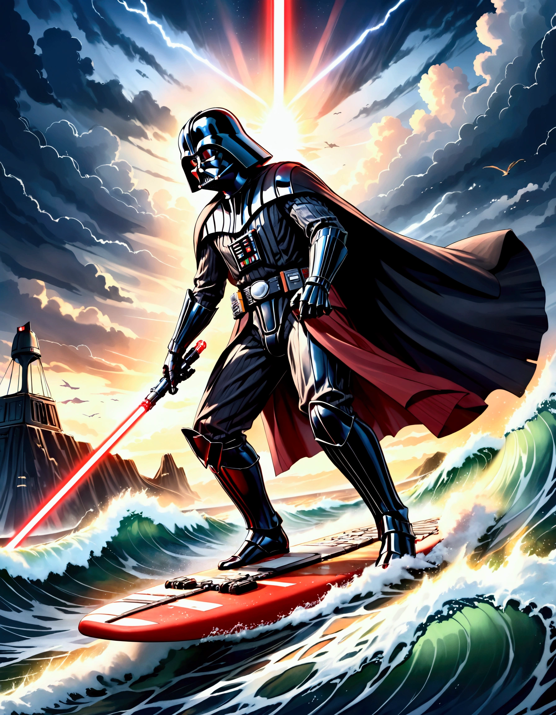 (Star Wars) Darth Vader is riding a mechanized combat surfboard, choppy waves, battle stance with 1 lightsaber lit, stormy skies
