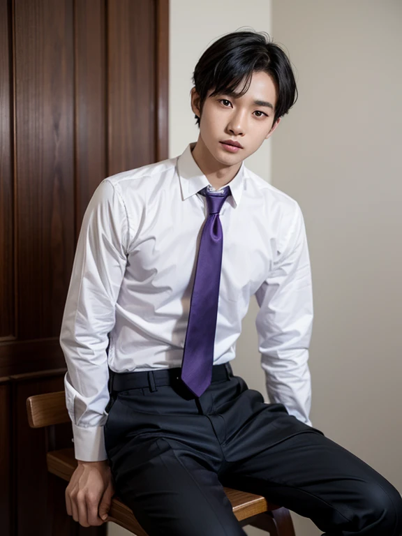 solo , 1man , thai man , white shirt with collar , purple necktie , black Long pants , Sitting on a wooden chair , Short-haired man