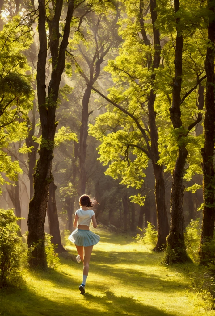 A young girl running through a vast and beautiful landscape, short skirt, surrounded by lush nature, a radiant smile, (highest quality, 4k, 8k, high resolution, masterpiece: 1.2), highly detailed, (realistic: 1.37), official art, amazing, serene, inspiring, dramatic lighting, forest, horizon, natural beauty,