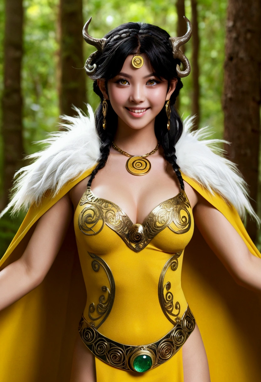 Zeus style, 3d, masterpiece, best quality, Medusa style, san mononoke hime, an 18 year old beautiful girl like an angel, super detailed face and teeth dazzling, beautiful smile like a god, flowing black hair, sexy smile, thin yellow shirt inside, the most beautiful breasts, cape, swirl circle, earrings, face painting, forest, fur cloak, green eyes, luxury sexy jewelry necklace, sexy moderate breasts, nature, outdoors, very very beautiful girl, UHD, 18K