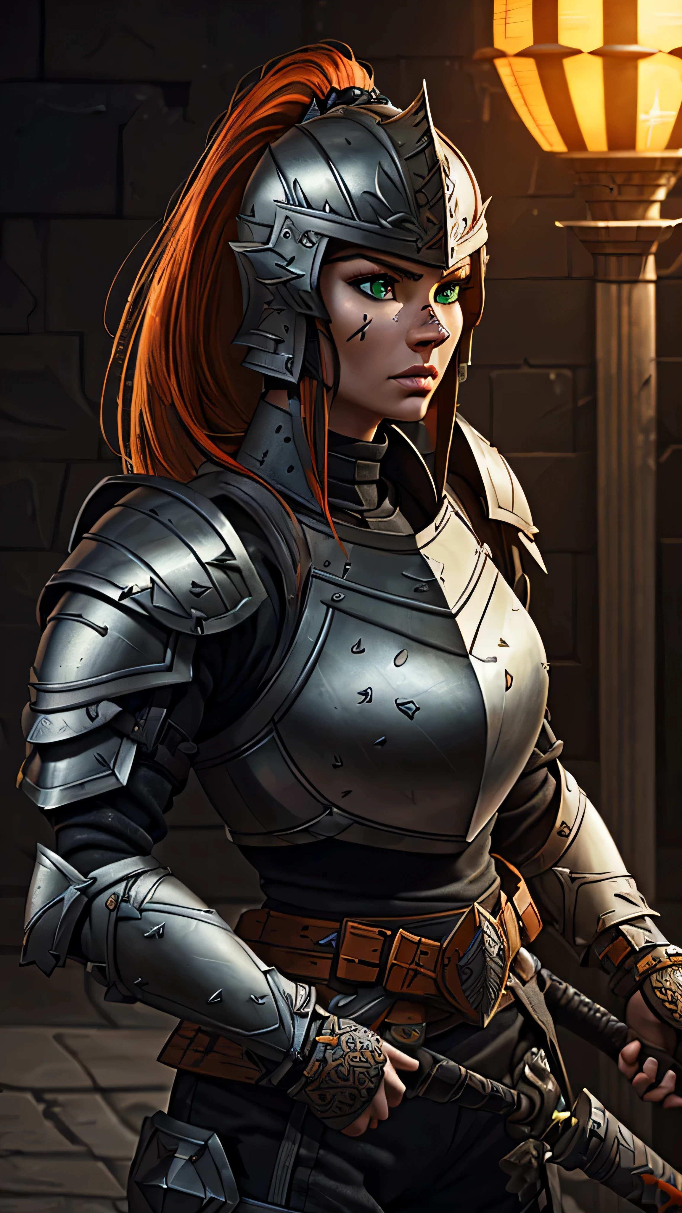 muscled warrior, male, ((long) ginger beard), dark gray (helmet), dark gray (armor), plates, (crossbow), (bow), (big shield), (masterpiece, best quality), (green eyes), (hyper realistic:1.6), ((detailed face)), ((award-winning)), (sharp), (8k resolution), (cinematic lighting)