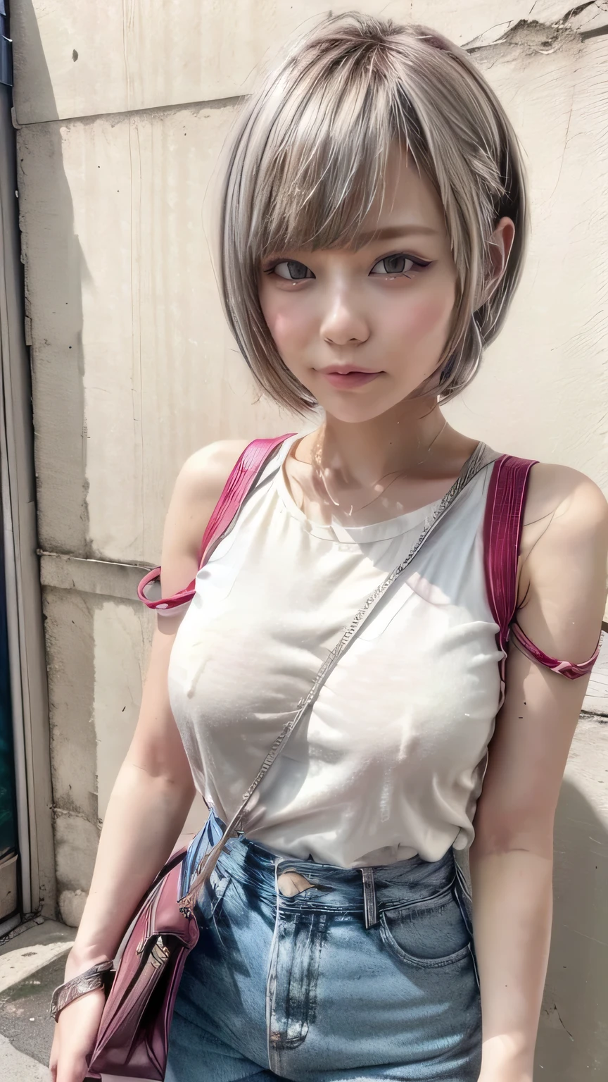 (Realistic、Like a photograph、Live Action、8k, Realistic, RAW Photos, Best image quality: 1.4), Single-lens reflex camera、RAW Photos, Highest quality, Realistic, Highly detailed CG Unity 8k wallpaper, Written boundary depth, Cinematic Light, Lens flare, Ray Tracing, Realistic background、A landmine girl waiting for an appointment、((Wearing a white blouse:1.4)、((Wear wide leg pants:1.1、((The strap of the shoulder bag passes between the chest:1.5、paisla:1.5、Vice Rush)))、Small breasts)、Cute ass)、((ultra high density skin))、 1 female,cute Japanese、Standing in front of the station, waiting for someone while looking at his smartphone、The whole body is visible:1.5、Wearing sneakers:1.1、((Silver Hair:1.5)、short hair:1.2、My hair flutters in the wind)、stylish ambiance、Very detailed and perfect costume、(White skin)、Precise and beautiful legs:1.1、View from the front、Super detailed face