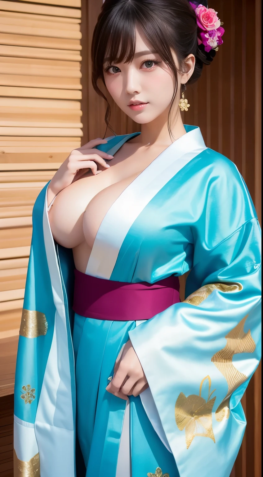 ((masterpiece(:1.4)，Highest quality，Ultra-high resolution，Highest quality，8k，Extremely detailed，In detail))。night，Japanese，(A beautiful woman)，glossy，slim，Large Breasts(1.6)，sexy，glamorous，Golden Ratio Style，Perfect Style，White powder applied to face and neck，Flashy gal makeup，Red light district，Bedroom，Oiran，Prostitute，Sunny day outfit，Uchikake，Gold brocade，((A gorgeous kimono))，A cutting board belt tied in front，Hair tying，hairpin，hair ornaments，Gorgeous costumes，Beautiful standing posture，Presence，Exude sex appeal，looking at the camera，