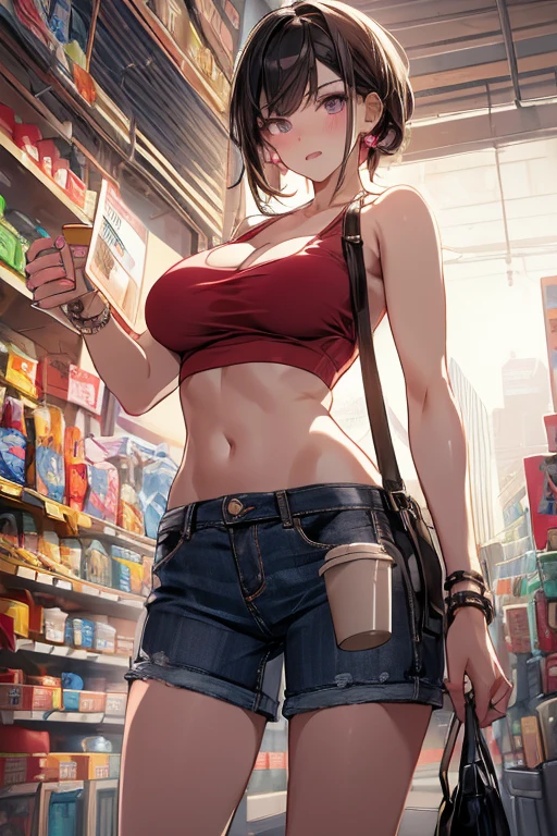 (masterpiece, Best Quality, ultra-detailed, high resolution, extremely detailed CG, official art, Professional Lighting, Perfect Anatomy, anime colors), (from below), looking at viewer, cowboy shot, perfect body, 24yo beautiful 1girl, medium hips, glamorous body,a small face,beautiful-makeup,Makeup light,Shortcut Hair,dark brown hair、Bust b Cup, Amazing Cleavage, thin waist, big ass, Raised sexy, big breast: 1.2 posed cleavage:1.2, (off shoulders,Sportsbra,legginullnude), micro denim shorts, bare legs, nail_polish, pale skin, Waiting friend, (morning:1.5), tokyo, (convenience store:1.3), outdoor, (depth of field:1.3), contrapposto, (Hold a coffee in your hand:1.3),delicate beautiful face, Bright magenta eyes, cute eyes, sparkling eyes, Big eyes, (big breasts:1.3), (perky chest:1.1), (pointed chest:1.3), looking at viewer,
