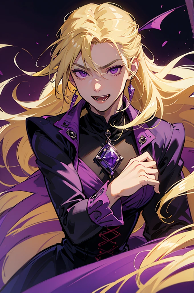 man, male, blonde hair, long hair, purple eyes, fangs, fantasy wear, vampire,