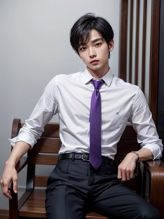 solo , 1man , thai man Short hair , white shirt with collar , purple necktie , black Long pants , Sitting on a wooden chair , Short-haired man