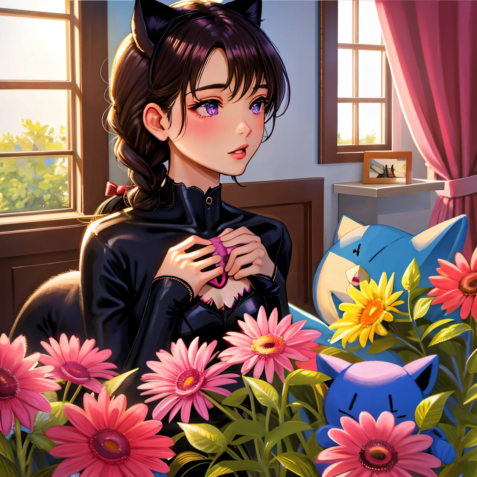 ((Naked)), ((Purple eyes: Deep purple eyes that captivate and hold attention with their vibrant hue, 1:1.8)), ((Blushing: A soft blush that graces her cheeks, adding to her charm, 1:1.8)), ((Braid: Her hair weaves into an intricate braid that cascades down her shoulder, 1:1.8)), ((Catwoman: Her persona embodies both feline grace and human allure, akin to that of a catwoman, 1:1.8)), ((Stuffed toy: She holds a stuffed toy close—a small comfort in her fantastical world, 1:1.8))
BREAK
Theme: A girl, naked, animal ears, purple eyes, brown hair, wings, alone, long hair, blushing, cat ears, flowers, looking at viewer, braid, bow, dress, pink flowers, bow, hair accessory, bangs, cat, hair flower, animal ear fur, holding, virtual YouTuber, blue ribbon, holding animal, catwoman, stuffed toy
BREAK
Illustration Enhancement: masterpiece, best quality, ultra-detailed, ultra high resolution, Top Quality photorealistic Illustration, Super Definition, cute illustration:1.3, high Saturation:1.2, detailed beautiful face and eyes, an extremely delicate and beautiful, nice hands, perfect hands, appropriate posture, appropriate configuration, ideal ratio body proportions, absurdres, realistic, hyperreal, golden ratio 1.2, drafting board 1.3, ultra-quality detailed art, high resolution (HD, 4K, 8K, 16K), color bit depth 24-bit, 48-bit, 8K, ultra high resolution: 1.2
BREAK
Power Words: artistic and ultimate, strongest and perfect, extraordinary, groundbreaking, amazing, overwhelming, original, pioneering, innovative
BREAK
Colors: gold, blue, green, light blue, yellow, silver, deep red, light purple, deep brown, pink, wine red
BREAK
Pose: looking at viewer, blushing, holding animal, appropriate posture
BREAK
Background: flowers, pink flowers
BREAK
Clothing: dress, bow, blue ribbon
BREAK
Hairstyle: long hair, braid, bangs, hair flower, hair accessory
BREAK
Expression and Atmosphere: detailed beautiful face and eyes, an extremely delicate and beautiful
BREAK
Other (Additional Elements): anim