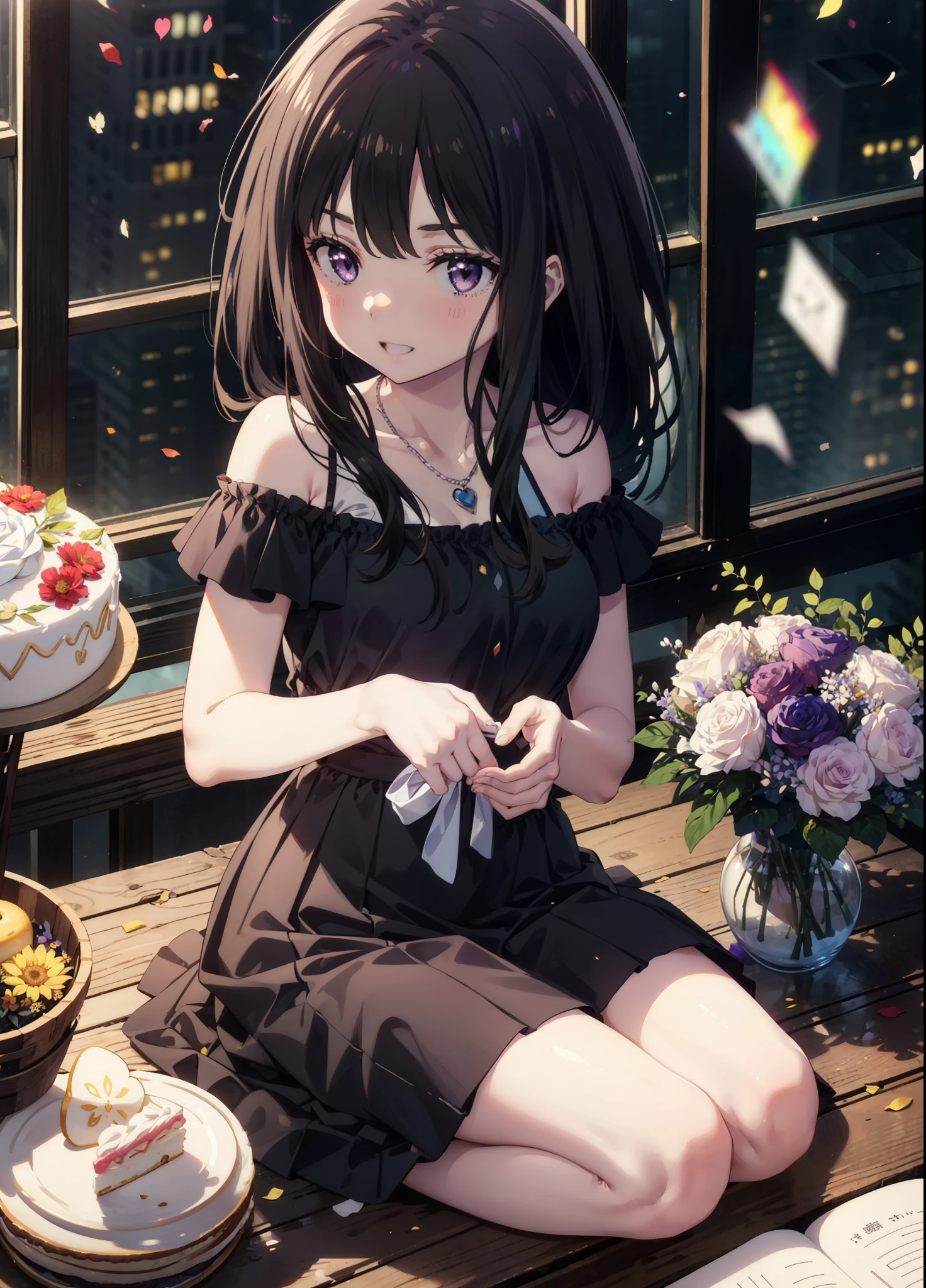 Takiuchikami, Long Hair, bangs, Black Hair, (Purple eyes:1.2),
smile,blush,Please open your mouth wide,Blue off-shoulder dress,Bare shoulders,bare clavicle,Bare neck,Heart Necklace,Short sleeve,Long skirt,Stiletto heels,holding a bouquet of flowers in both hands,There is a round birthday cake on the desk.,Confetti,cracker,whole bodyがイラストに入るように,
break indoors,  venue,
break looking at viewer, whole body,  
break (masterpiece:1.2), Highest quality, High resolution, unity 8k wallpaper, (shape:0.8), (Beautiful attention to detail:1.6), Highly detailed face, Perfect lighting, Extremely detailed CG, (Perfect hands, Perfect Anatomy),