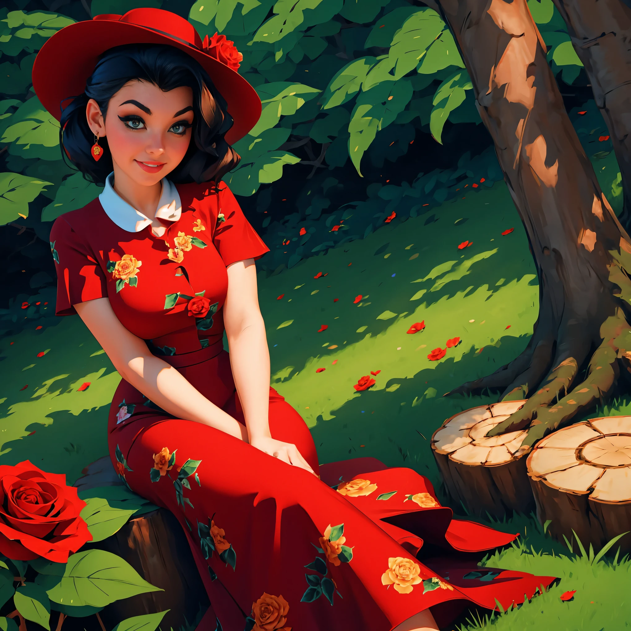 woman sitting on a tree stump wearing a dress and hat, a portrait by Zofia Stryjenska, tumblr, renaissance, pinup style, rockabilly style, romantic dress, dressed in a flower dress, red rose in hair, red floral dress, red dress and hat, rockabilly, floral couture, black and red dress, dressed like in the 1940s