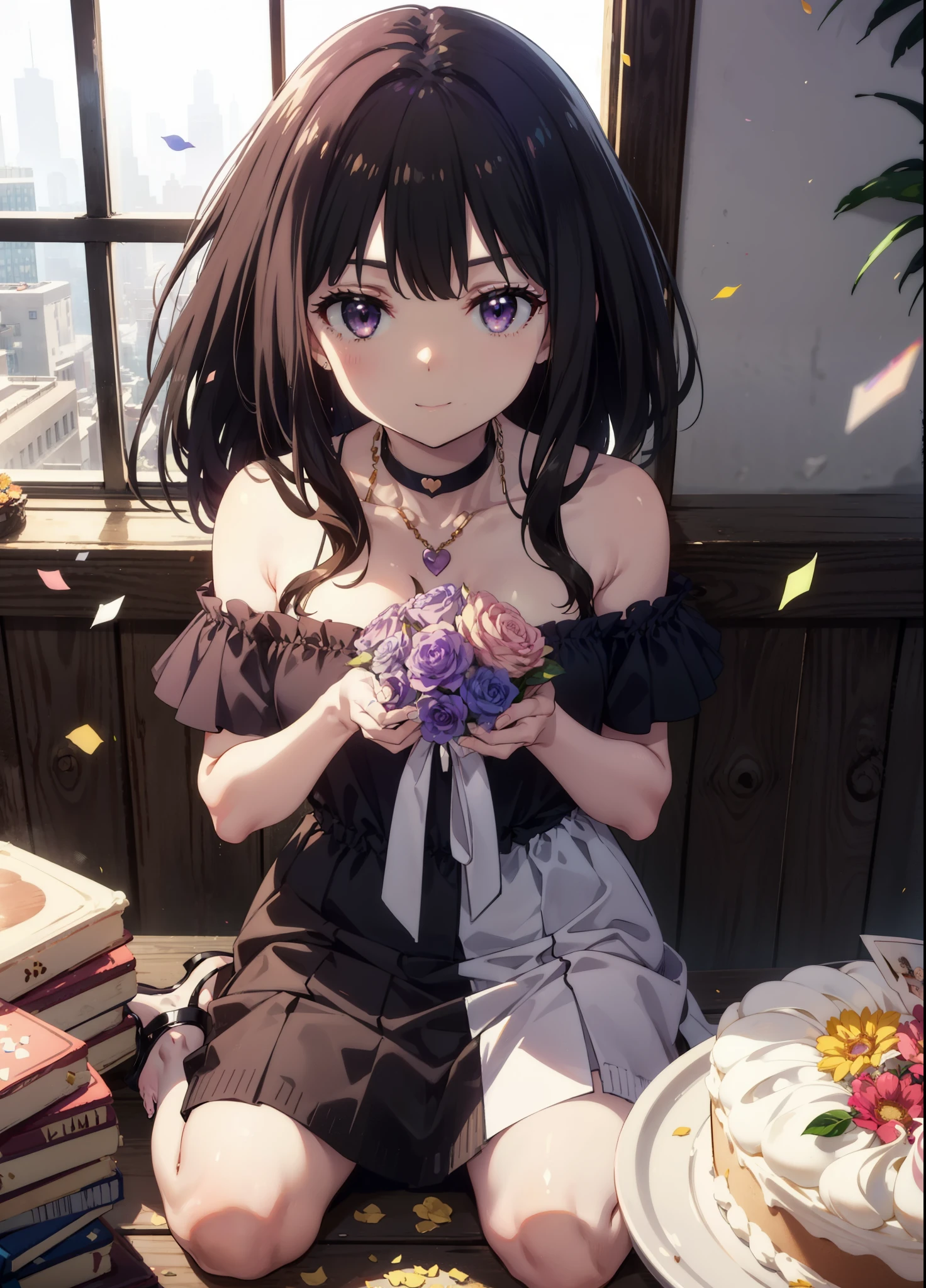 Takiuchikami, Long Hair, bangs, Black Hair, (Purple eyes:1.2),
smile,blush,Please open your mouth wide,Blue off-shoulder dress,Bare shoulders,bare clavicle,Bare neck,Heart Necklace,Short sleeve,Long skirt,Stiletto heels,holding a bouquet of flowers in both hands,There is a round birthday cake on the desk.,Confetti,cracker,whole bodyがイラストに入るように,
break indoors, venue,
break looking at viewer, whole body,
break (masterpiece:1.2), Highest quality, High resolution, unity 8k wallpaper, (shape:0.8), (Beautiful attention to detail:1.6), Highly detailed face, Perfect lighting, Extremely detailed CG, (Perfect hands, Perfect Anatomy),