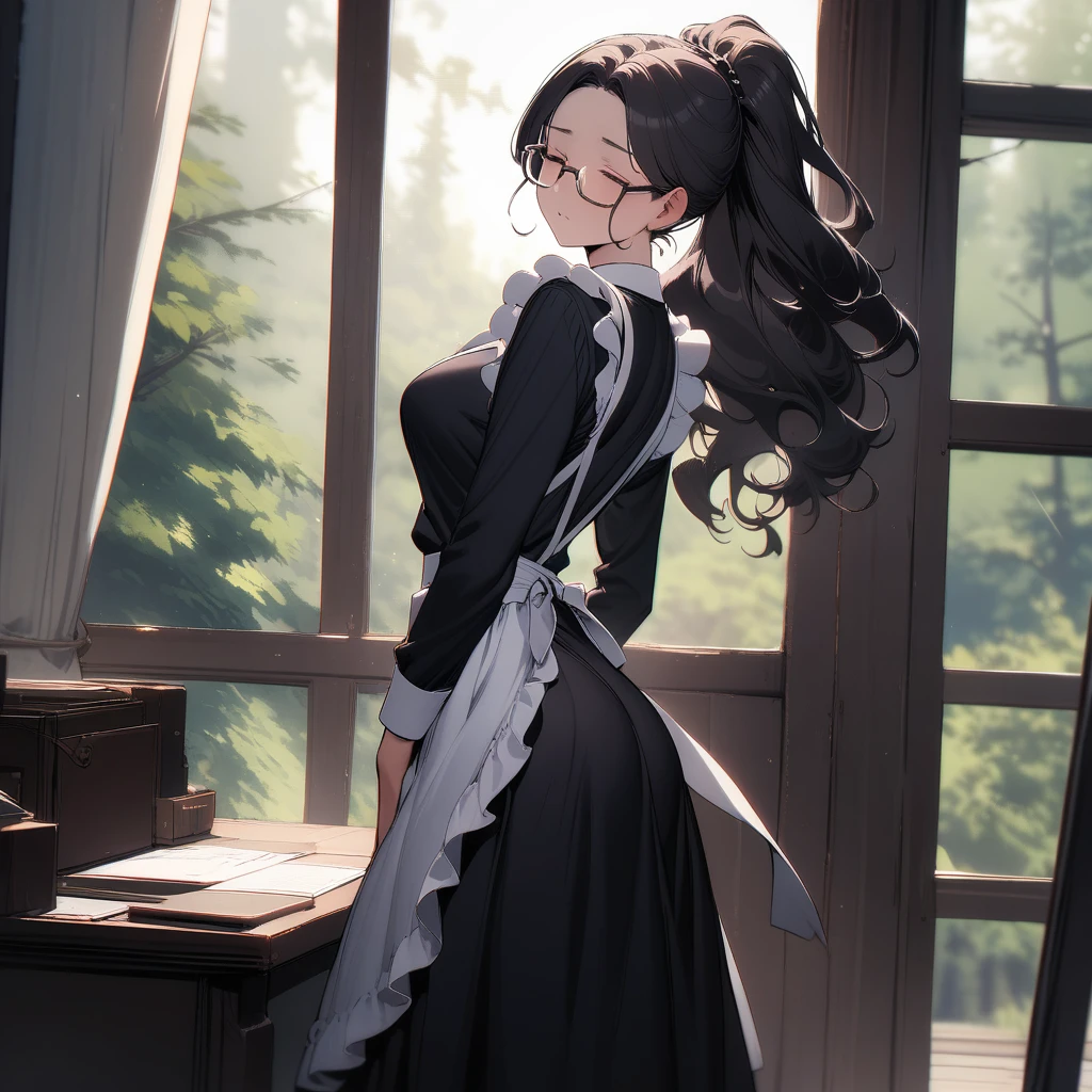 (masterpiece),(best quality),very aesthetic,(ultra-detailed),high saturation,1woman,forties woman,40yo,slender,long hair,black hair,wavy hair,ponytail,closed eyes,(under-rim glasses),calming,fusion of black maid clothes and secretary clothes,styligh clothes,maid apron,long maid skirt,long sleeves,Sturdy shoes,standing,arms behind legs,arched back,Western-style office,forest landscape,Lace curtains flutter in the wind,Old furnishings,daytime,looking at viewer,cowboy shot