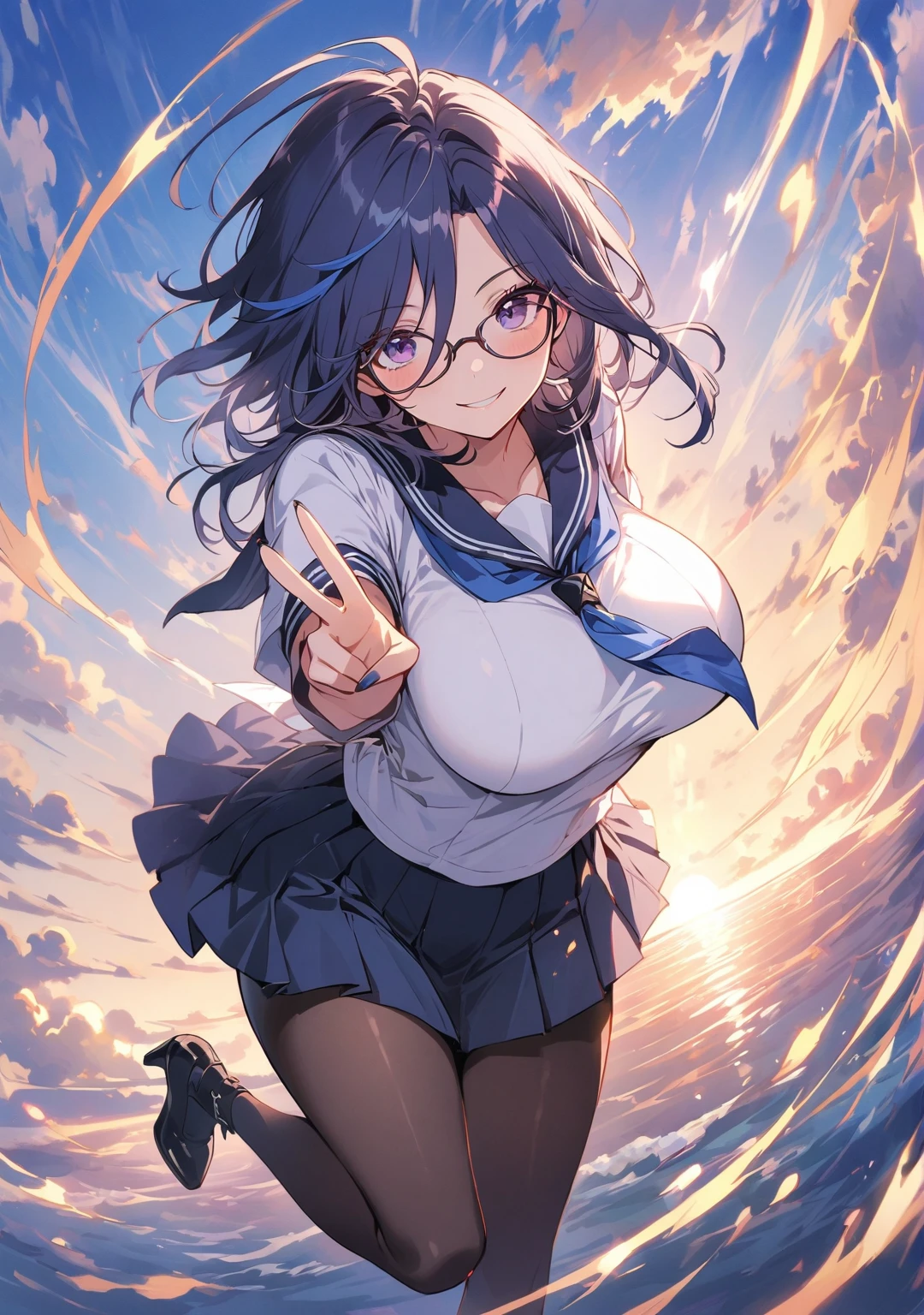 score_9, score_8_above, large breasts, 1 girl, Alone, solo, BREAK Clorinde, Genshin impact, \(CLOTHES\), alternate costume, sailor uniform, pleated skirt, glasses, large breasts, high heels boots, gleaming, bewitching thighs, chest outline, shiny skin, black pantyhose, \(BREAK\), arrogant look,showing a slight smile, jump, view from above, middle shot, holding his glasses, victory sign, v, \(BREAK\), blue sky with clouds, sun in the background, flashes of light