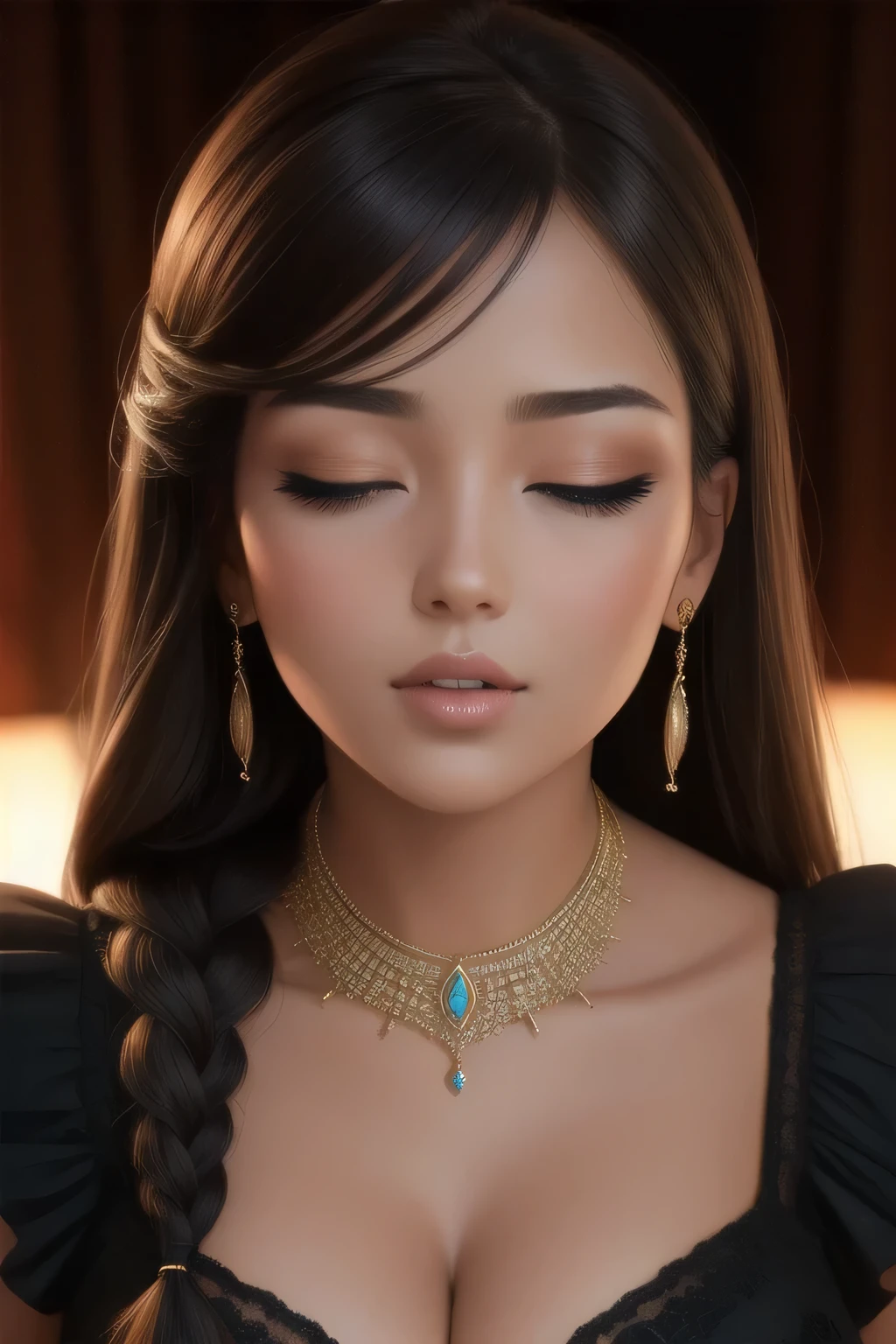 (best quality,highres),sexy woman with thick, braided hair, lustful gaze, and sultry pose, emphasizing her intense sensuality. Her face has beautifully defined features, including long eyelashes and plump lips. Her medium-sized chest is accentuated by a revealing crop top, drawing attention to her alluring cleavage. Her hands rest confidently on her curvy hips, exuding a sense of power and allure. She is dressed in a fashionable miniskirt, adding to her seductive appeal. The image captures her irresistible confidence and magnetism.
For the background, a dimly lit, atmospheric setting amplifies the woman's enchanting presence. Soft, warm lighting casts an inviting glow on her feminine silhouette. The color palette consists of rich, deep shades, accentuating her captivating beauty. The image exudes a seductive and glamorous aura, capturing the viewer's attention and leaving a lasting impression.
Medium: Photorealistic portraits
Additional details: Smoky eye makeup, perfectly manicured nails, high heels, striking accessories such as statement earrings or a delicate necklace.