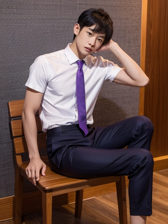 solo , 1man , thai man Short hair , white shirt with collar , purple necktie , black Long pants , Sitting on a wooden chair , Short-haired man