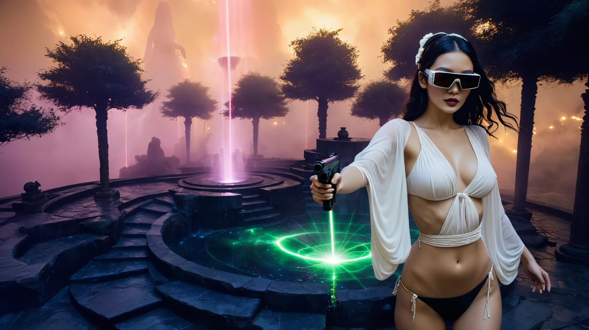 At night, aerial view of a mysterial outdoor altar, horror dark statue, a vortex cascading energy gateway in the distance with a tall staircase to cosmos heaven, fountain, waterfall, atmospheric fog, Matrix style, (1girl, solo), large-breast:1.3 D-cup slim:0.9 body, cleavage:1.3, belly dancer costume, (mini VR sunglasses), ((holding a laser pistol)), standing, half-body thigh level medium shot, depth of field, cinematic lighting, ray tracing.