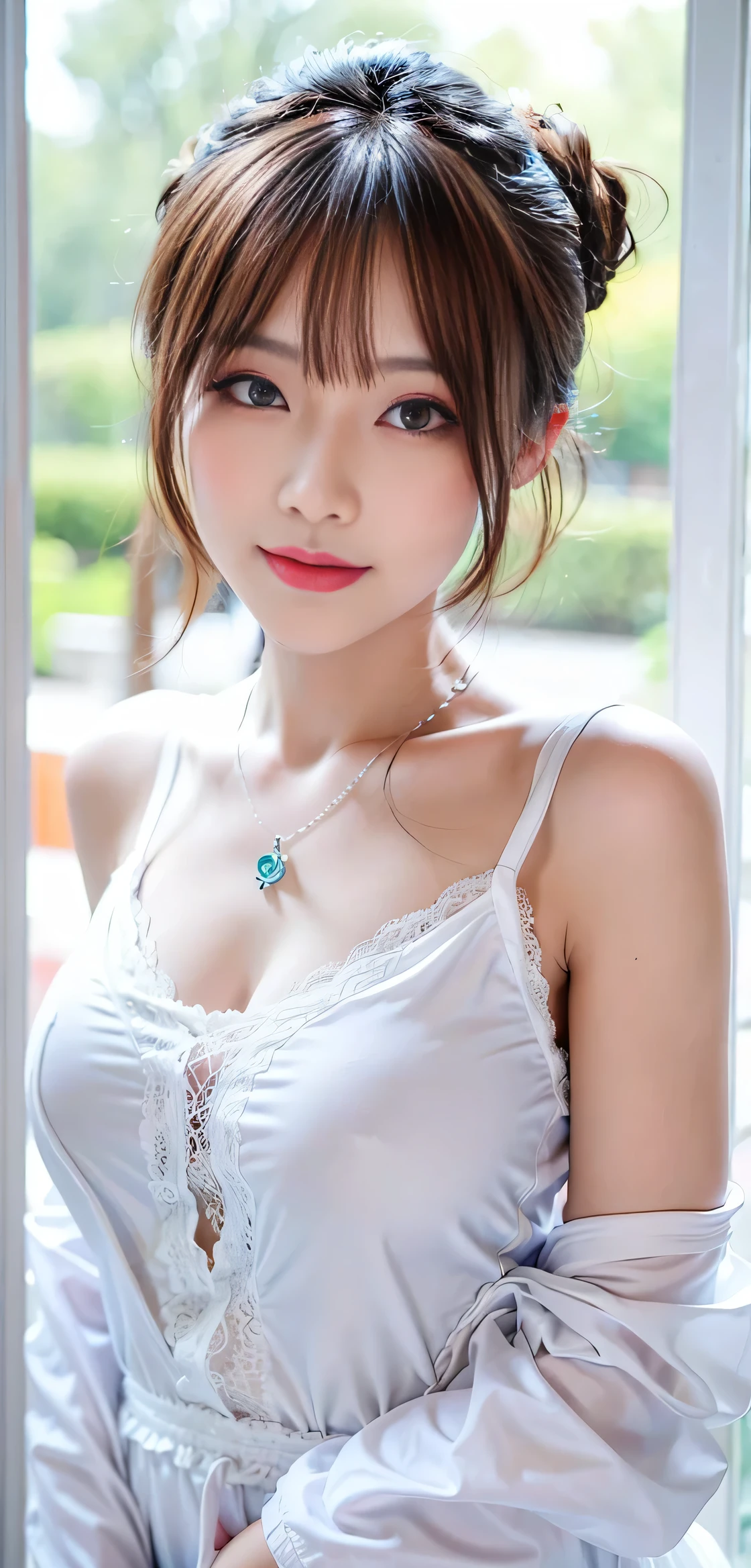 ((highest quality, 8k, masterpiece: 1.3)), concentrated: 1.2, cute girl 1,nipples erect、Braless walk、 perfect beauty: 1.4,hoodie: 1.2,long sleeve、randal color、comics&Text Graphics、Black ruffle-trimmed drawstring zip blouse,1.1, Highly detailed face and skin textures, fine eyes, double eyelid, whitening skin, ,highest quality,ultra high resolution,you,1 girl,alone,_shiny_skin,black eye,necklace,((Brown_length_wavy_hair)),(lips)),eyelash,Front hair,deal with,compensate,shiny,pore,skin texture,big breasts、smiling face、living、