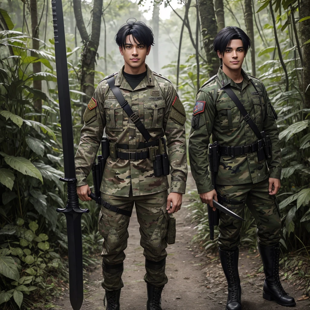 Male, 1 male, military clothes, military, military boots, black boots, cammo, military uniform, jungle camouflage, red headband, black hair, anime style, buster sword, big sword, smirking, confident, smug, shit eating grin, masculine, young adult, tall, broad shoulders, standing strainght, completly turned to front.