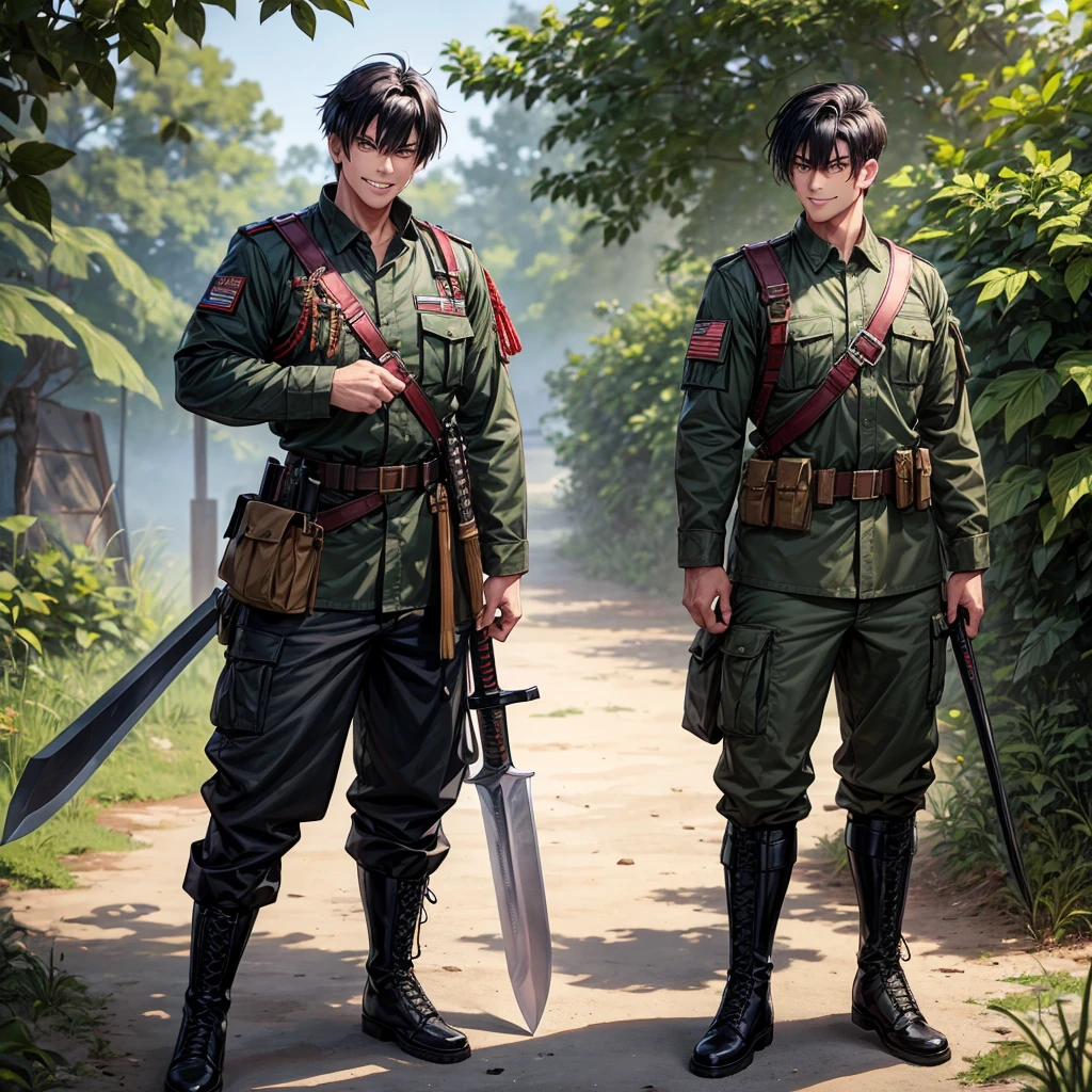 Male, 1 male, military clothes, military, military boots, black boots, cammo, military uniform, jungle camouflage, red headband, black hair, anime style, buster sword, big sword, smirking, confident, smug, shit eating grin, masculine, young adult, tall, broad shoulders, standing strainght, completly turned to front.