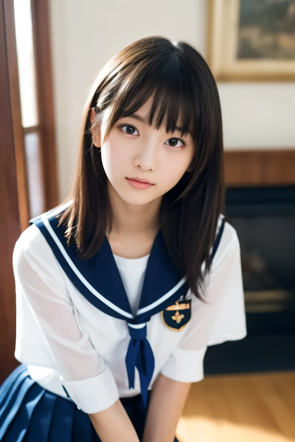 One Girl, (White shirt, Sailor , Navy blue pleated skirt:1.2), (13 years old:1.5), Young Face, Cute Face, 
(RAW Photos, Highest quality), (Realistic, Photorealistic:1.4), Tabletop, Sharp focus, 
Very delicate and beautiful, Very detailed, 2k wallpaper, wonderful, In detail, 
Very detailed CG Unity 8K 壁紙, Very detailed, High resolution, Soft Light, 
Beautiful detailed girl, Very detailed目と顔, Beautifully detailed nose, Beautiful attention to detail, 
break
In the bright living room, Cinema Lighting, 
Perfect Anatomy, Slender body, Slightly longer bob hair, Parted bangs,  View your viewers