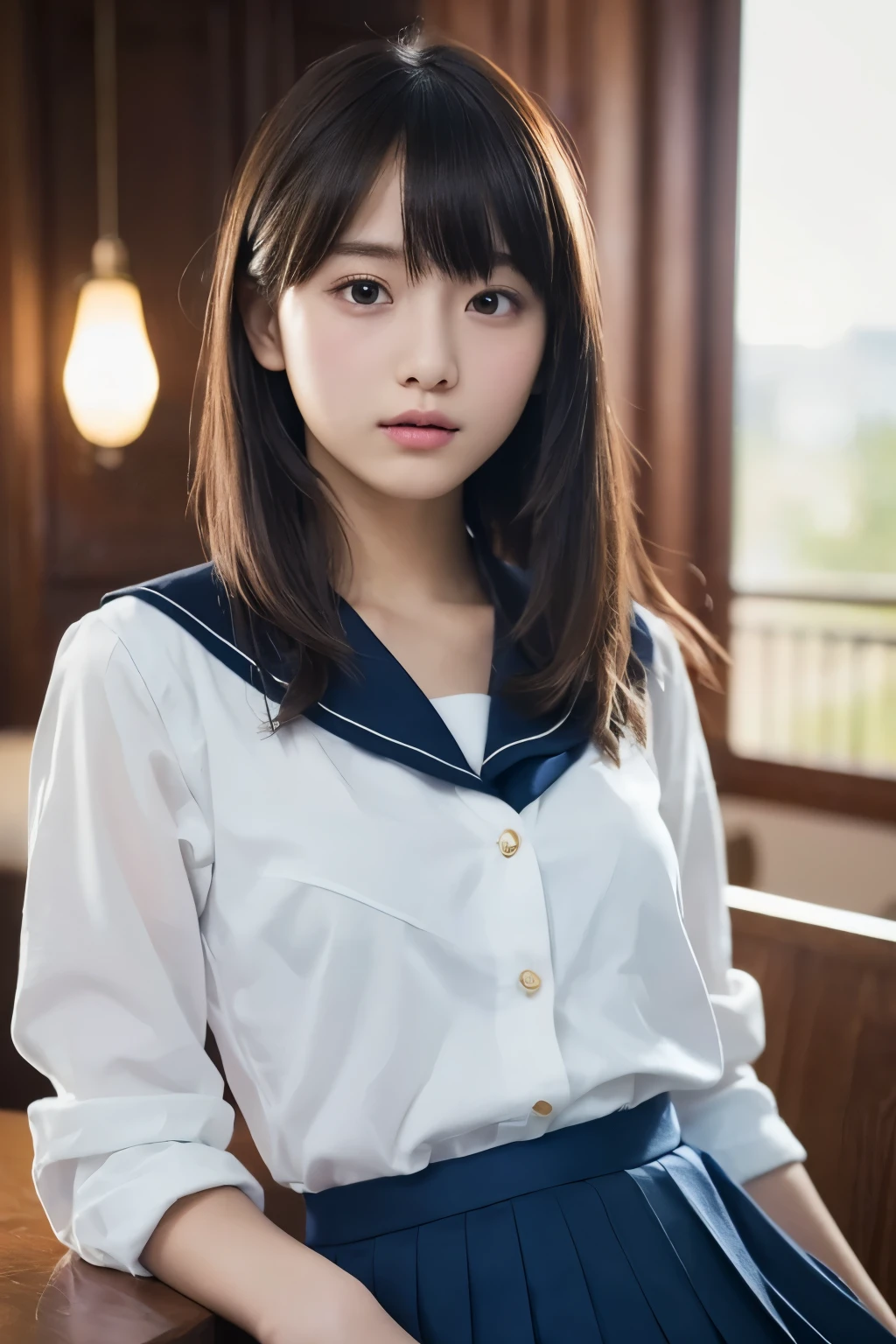 One Girl, (White shirt, Sailor , Navy blue pleated skirt:1.2), (:1.5), Young Face, Cute Face,
(RAW Photos, Highest quality), (Realistic, Photorealistic:1.4), Tabletop, Sharp focus,
Very delicate and beautiful, Very detailed, 2k wallpaper, wonderful, In detail,
Very detailed CG Unity 8K 壁紙, Very detailed, High resolution, Soft Light,
Beautiful detailed girl, Very detailed目と顔, Beautifully detailed nose, Beautiful attention to detail,
break
In the bright living room, Cinema Lighting,
Perfect Anatomy, Slender body, Slightly longer bob hair, Parted bangs, View your viewers