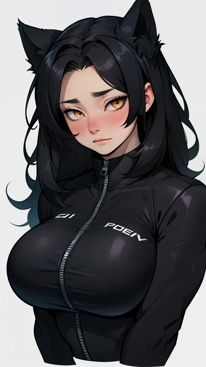 massive hair muscular girl big breasts pale skin black hair yellow eyes empty eyes empty eyes empty eyes empty eyes empty eyes blush