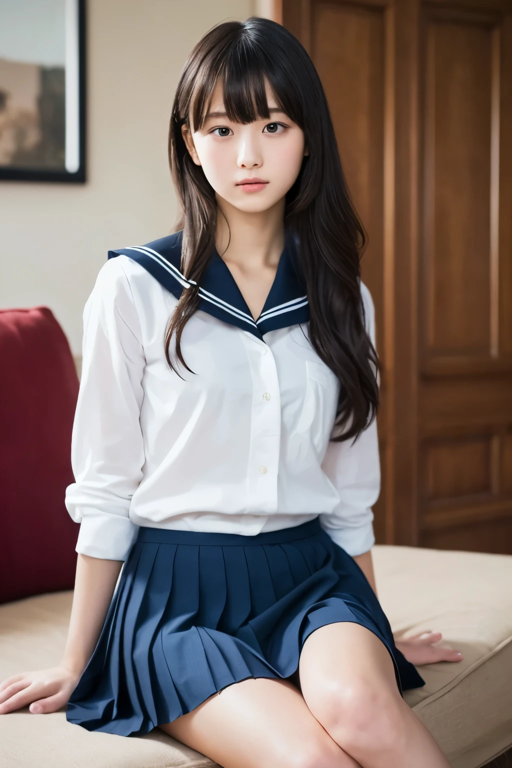 One Girl, (White shirt, Sailor , Navy blue pleated skirt:1.2), (:1.5), Young Face, Cute Face,
(RAW Photos, Highest quality), (Realistic, Photorealistic:1.4), Tabletop, Sharp focus,
Very delicate and beautiful, Very detailed, 2k wallpaper, wonderful, In detail,
Very detailed CG Unity 8K 壁紙, Very detailed, High resolution, Soft Light,
Beautiful detailed girl, Very detailed目と顔, Beautifully detailed nose, Beautiful attention to detail,
break
In the bright living room, Cinema Lighting,
Perfect Anatomy, Slender body, Slightly longer bob hair, Parted bangs, View your viewers
