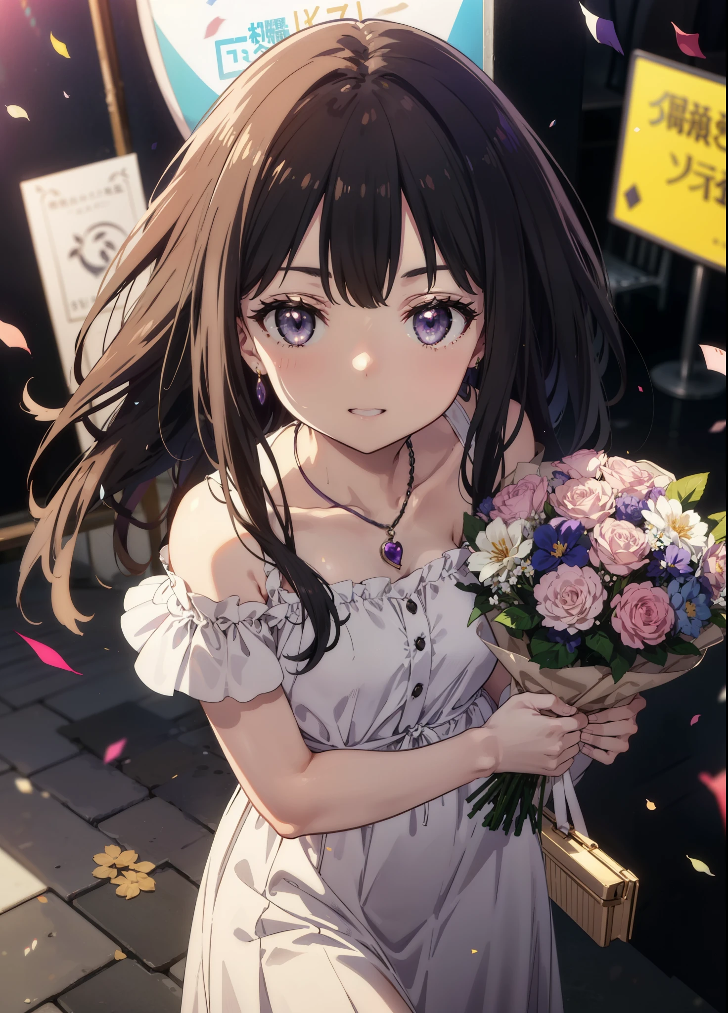 Takiuchikami, Long Hair, bangs, Black Hair, (Purple eyes:1.2),
smile,blush,Please open your mouth wide,Blue off-shoulder dress,Bare shoulders,bare clavicle,Bare neck,Heart Necklace,Short sleeve,Long skirt,Stiletto heels,holding a bouquet of flowers in both hands,There is a round birthday cake on the desk.,Confetti,cracker,whole bodyがイラストに入るように,
break indoors,  venue,
break looking at viewer, whole body,  (Cowboy Shot:1. 5) ,
break (masterpiece:1.2), Highest quality, High resolution, unity 8k wallpaper, (shape:0.8), (Beautiful attention to detail:1.6), Highly detailed face, Perfect lighting, Extremely detailed CG, (Perfect hands, Perfect Anatomy),