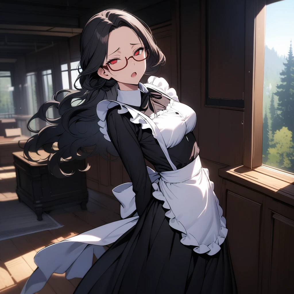 Night time,(Masterpiece), Best Quality, ultra-detailed, 1girl (eri, Slender and sexy body, huge breasts, wide hips, naked body brown hair, long wave hair, brown eyes,half-closed eyes, spectacles),evil face, smirk,parted lips, facing viewer, looking at viewer, solo, maid (black), frill, apron, ultra mini skirt, maid headdress, black lace thighhighs, in the bedroom, standing, Sexy waist teasing, come-on, lure, hands up , spread legs