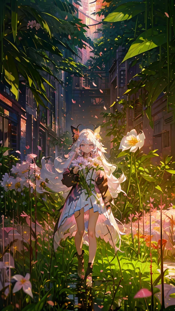 (Mastepiece), (Best Quality), Very detailed, 1 girl, (Solo full body shot:1.4), Perfect Face, beautiful girl, Very detailedな顔,(Long white hair:1.5),(Pink eyes:1.4),(Lots of butterflies々:1.2)、(Abandoned City、Plants、Flower Field:1.4)、(Lots of petals:1.3)、Fairy、mysterious、Fantasy、beautiful、beautiful