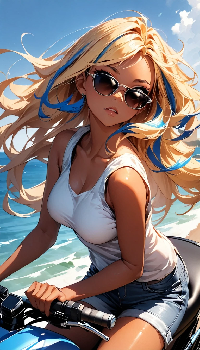 (highest quality:1.2, Very detailed, up to date, Vibrant, Ultra-high resolution, High Contrast, masterpiece:1.2, highest quality, Best aesthetics), Portraiture、girl、slim, Bright colors、Beautiful fine details、Beautiful lip detail、long hair, ((wavy hair:0.4))、messy hair, blonde and blue ((streaked hair:1.3)), highlights hair: 1.3, (medium breast:1), (tan skin:1.3), ((riding a motorcycle along a seaside road in summer:1)), tank top, jeans short pants, riding boots, (wearing sunglasses:1.5),looking ahead