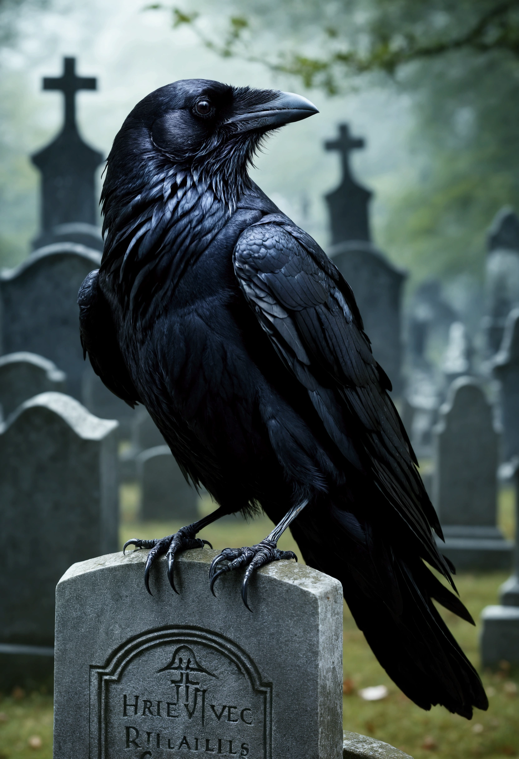 ((best quality)), ((​masterpiece)), (detailed), creepy Raven on a graveyard