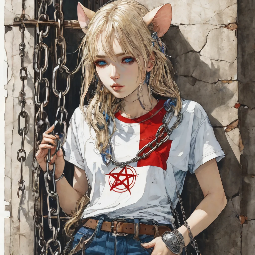 
a sexy female rat with blonde hair and blue eyes, wearing a torn white tee-shirt, with a red pentagram logo on the front, is restrained to a wall, with chains, that are cuffed around its paws.